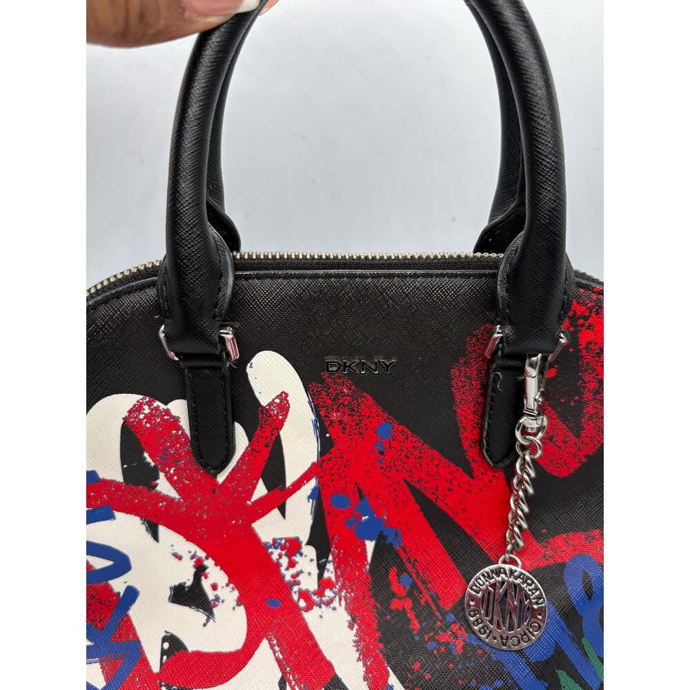 DKNY Graffiti Print Satchel Handbag Black Multicolor Dome Purse Zip - Picture 9 of 10